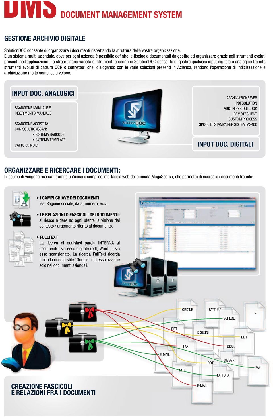 La straordinaria varietà di strumenti presenti in SolutionDOC consente di gestire qualsiasi input digitale o analogico tramite strumenti evoluti di cattura OCR o connettori che, dialogando con le