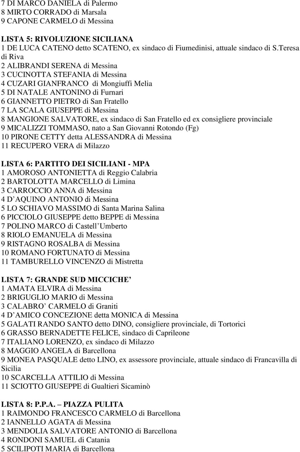 GIUSEPPE di Messina 8 MANGIONE SALVATORE, ex sindaco di San Fratello ed ex consigliere provinciale 9 MICALIZZI TOMMASO, nato a San Giovanni Rotondo (Fg) 10 PIRONE CETTY detta ALESSANDRA di Messina 11