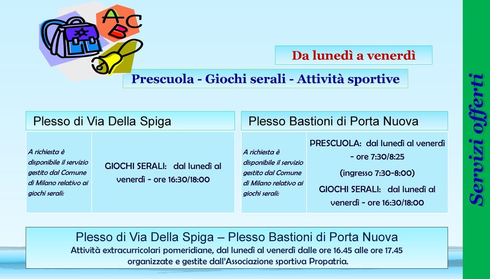 ai giochi serali: PRESCUOLA: dal lunedì al venerdì - ore 7:30/8:25 (ingresso 7:30-8:00) GIOCHI SERALI: dal lunedì al venerdì - ore 16:30/18:00 Plesso di Via Della Spiga