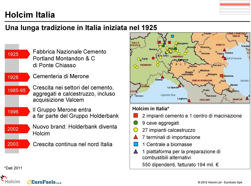 *Dati 2011 Nuovo brand: Holderbank diventa Holcim 2003 Crescita continua nel nord Italia Holcim in Italia* 2 impianti cemento e 1 centro di macinazione 9 cave