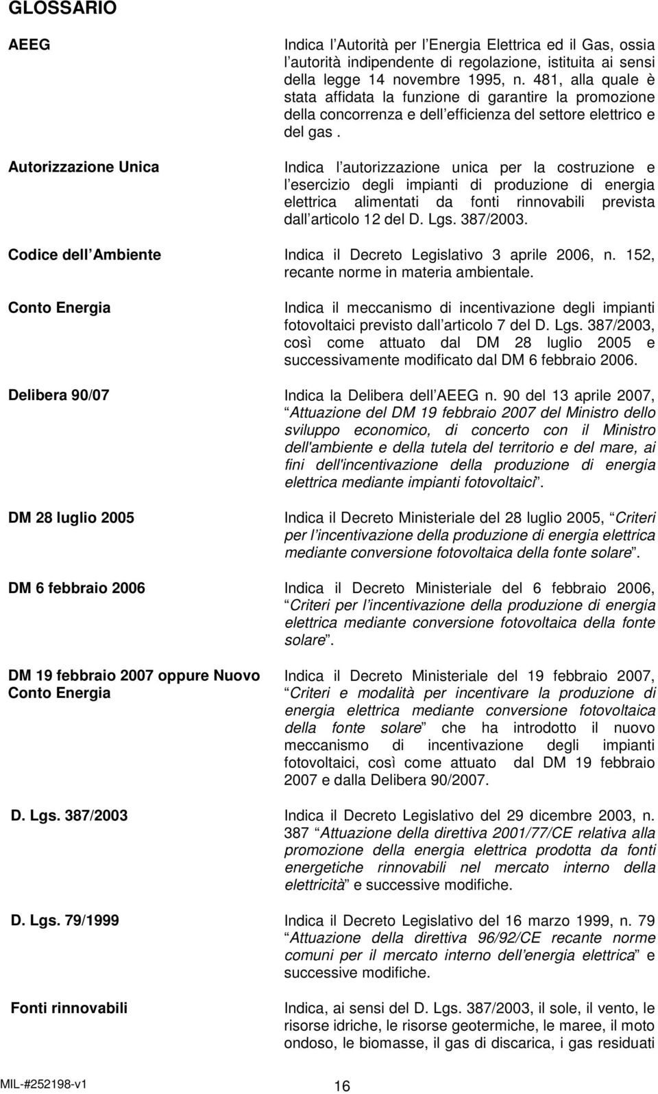 Indica l autorizzazione unica per la costruzione e l esercizio degli impianti di produzione di energia elettrica alimentati da fonti rinnovabili prevista dall articolo 12 del D. Lgs. 387/2003.