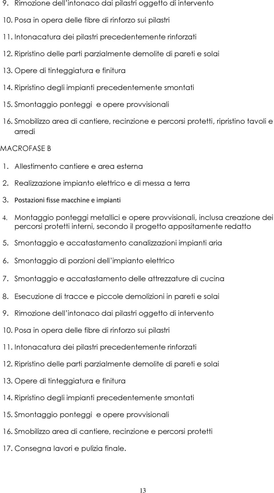 Smontaggio ponteggi e opere provvisionali 16. Smobilizzo area di cantiere, recinzione e percorsi protetti, ripristino tavoli e arredi MACROFASE B 1. Allestimento cantiere e area esterna 2.