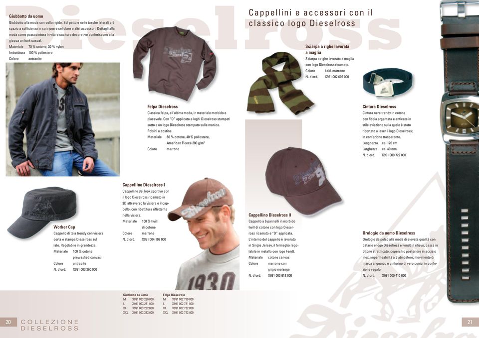 70 % cotone, 30 % nylon Imbottitura 100 % poliestere antracite Cappellini e accessori con il classico logo Dieselross Sciarpa a righe lavorata a maglia Sciarpa a righe lavorata a maglia con logo