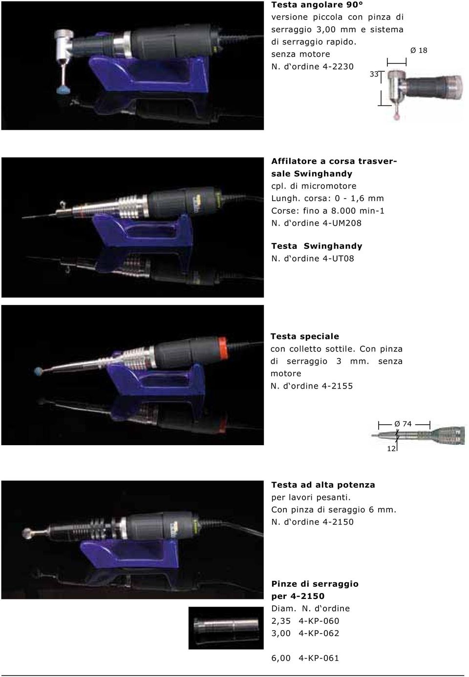 d ordine 4-UM208 Testa Swinghandy N. d ordine 4-UT08 Testa speciale con colletto sottile. Con pinza di serraggio 3 mm. senza motore N.