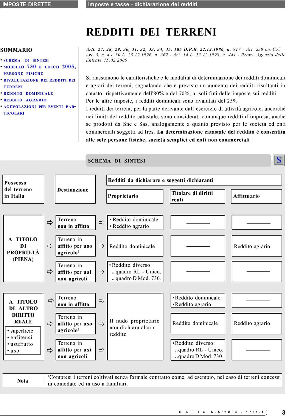 02.2005 Si riassumono le caratteristiche e le modalità di determinazione dei redditi dominicali e agrari dei terreni, segnalando che è previsto un aumento dei redditi risultanti in catasto,