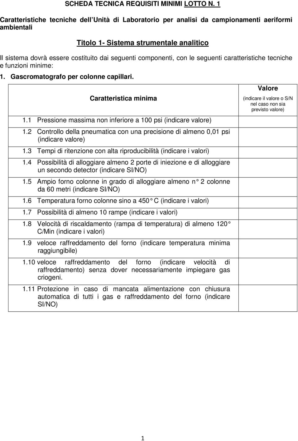 componenti, con le seguenti caratteristiche tecniche e funzioni minime: 1. Gascromatografo per colonne capillari. 1.1 Pressione massima non inferiore a 100 psi (indicare valore) 1.