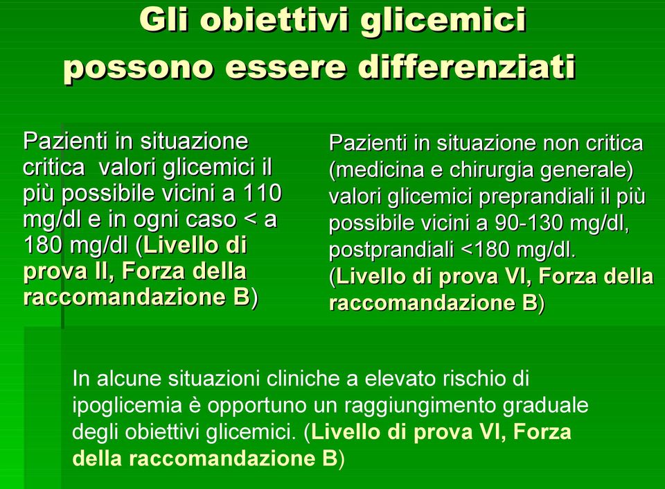 preprandiali il più possibile vicini a 90-130 mg/dl, postprandiali <180 mg/dl.