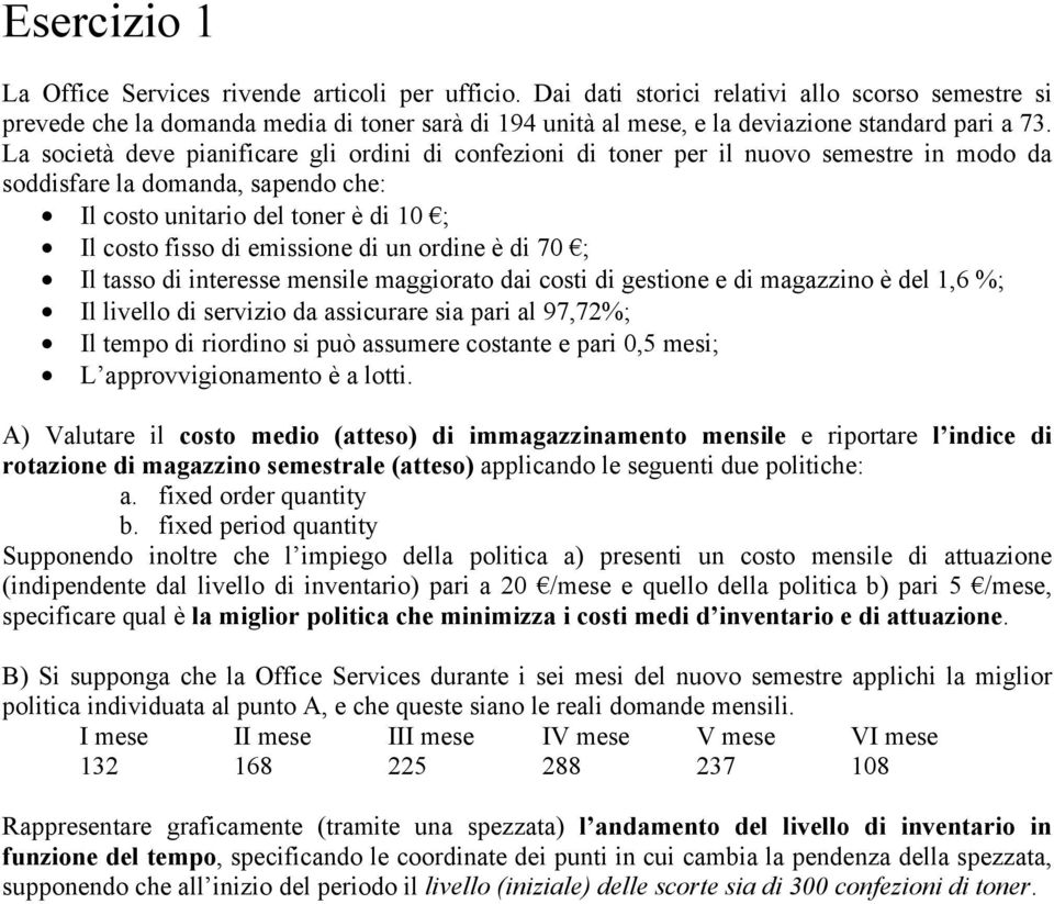 La società deve pianificare gli ordini di confezioni di toner per il nuovo semestre in modo da soddisfare la domanda, sapendo che: Il costo unitario del toner è di 10 ; Il costo fisso di emissione di