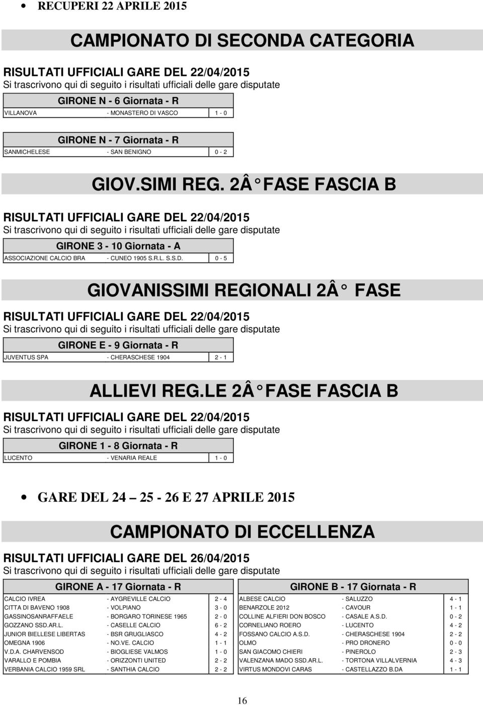 2Â FASE FASCIA B RISULTATI UFFICIALI GARE DE