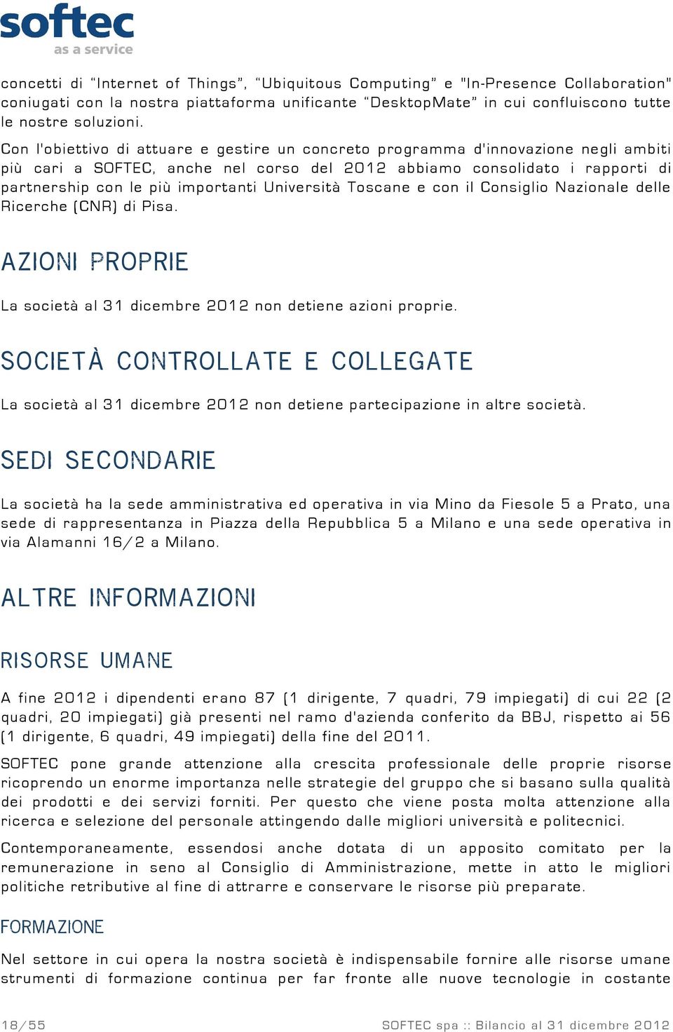 Università Toscane e con il Consiglio Nazionale delle Ricerche (CNR) di Pisa. A z i o n i P r o p r i e La società al 31 dicembre 2012 non detiene azioni proprie.