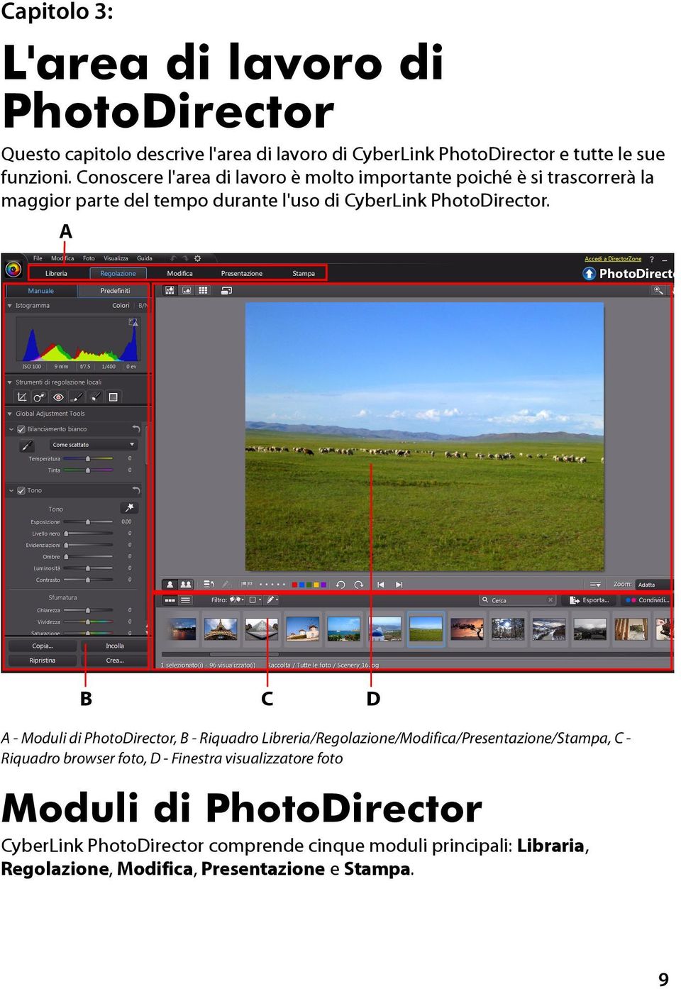 A B C D A - Moduli di PhotoDirector, B - Riquadro Libreria/Regolazione/Modifica/Presentazione/Stampa, C Riquadro browser foto, D - Finestra