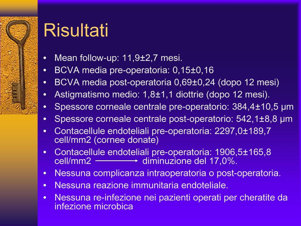 Spessore corneale centrale pre-operatorio: 384,4±10,5 µm Spessore corneale centrale post-operatorio: 542,1±8,8 µm Contacellule endoteliali pre-operatoria: