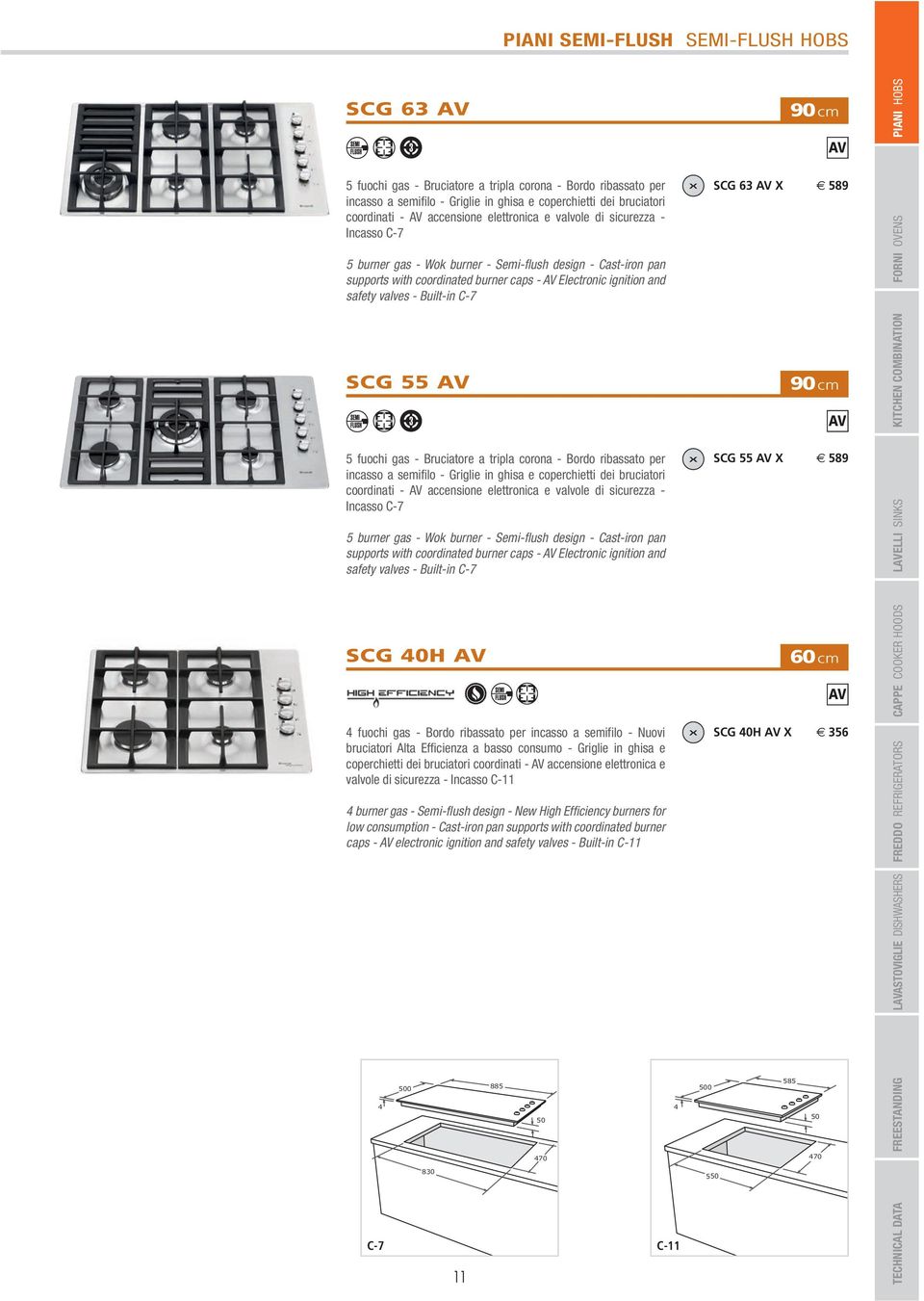 valves - Built-in C-7 SCG 55 AV 5 fuochi gas - Bruciatore a tripla corona - Bordo ribassato per incasso a semifilo - Griglie in ghisa e coperchietti dei bruciatori coordinati - AV  valves - Built-in