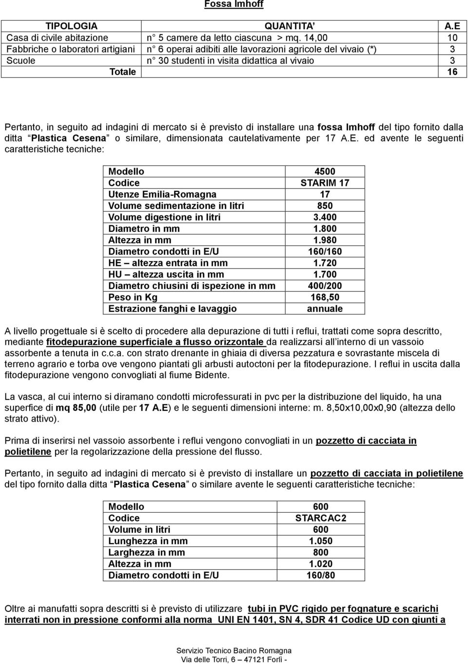 di mercato si è previsto di installare una fossa Imhoff del tipo fornito dalla ditta Plastica Cesena o similare, dimensionata cautelativamente per 17 A.E.