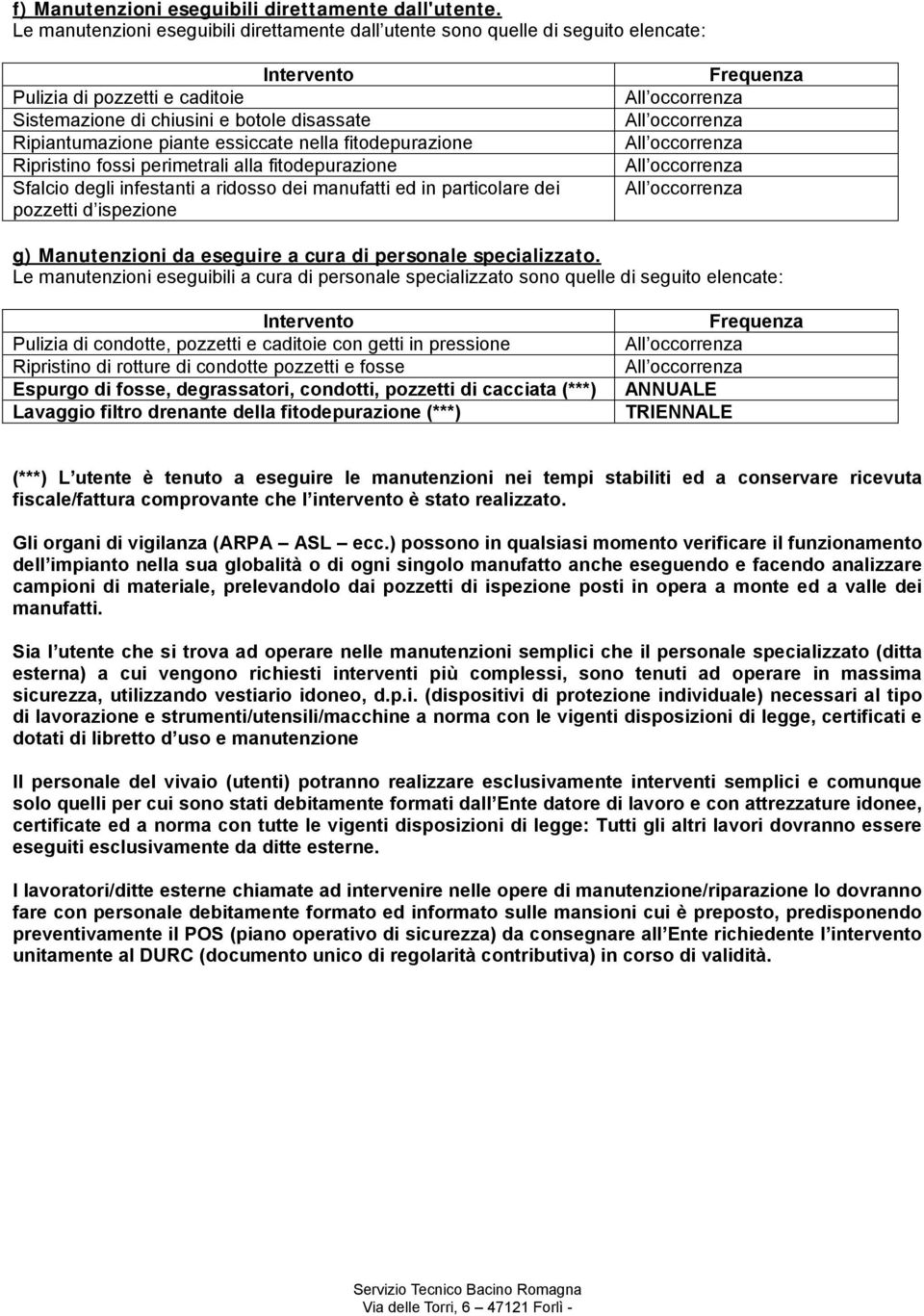 essiccate nella fitodepurazione Ripristino fossi perimetrali alla fitodepurazione Sfalcio degli infestanti a ridosso dei manufatti ed in particolare dei pozzetti d ispezione Frequenza g) Manutenzioni