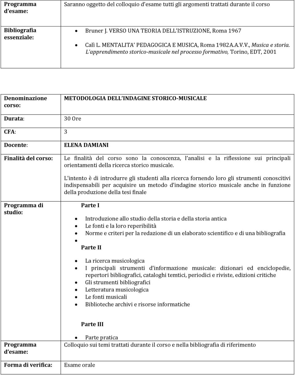 L apprendimento storico-musicale nel processo formativo, Torino, EDT, 2001 METODOLOGIA DELL INDAGINE STORICO-MUSICALE 30 Ore CFA: 3 Finalità del ELENA DAMIANI Le finalità del corso sono la