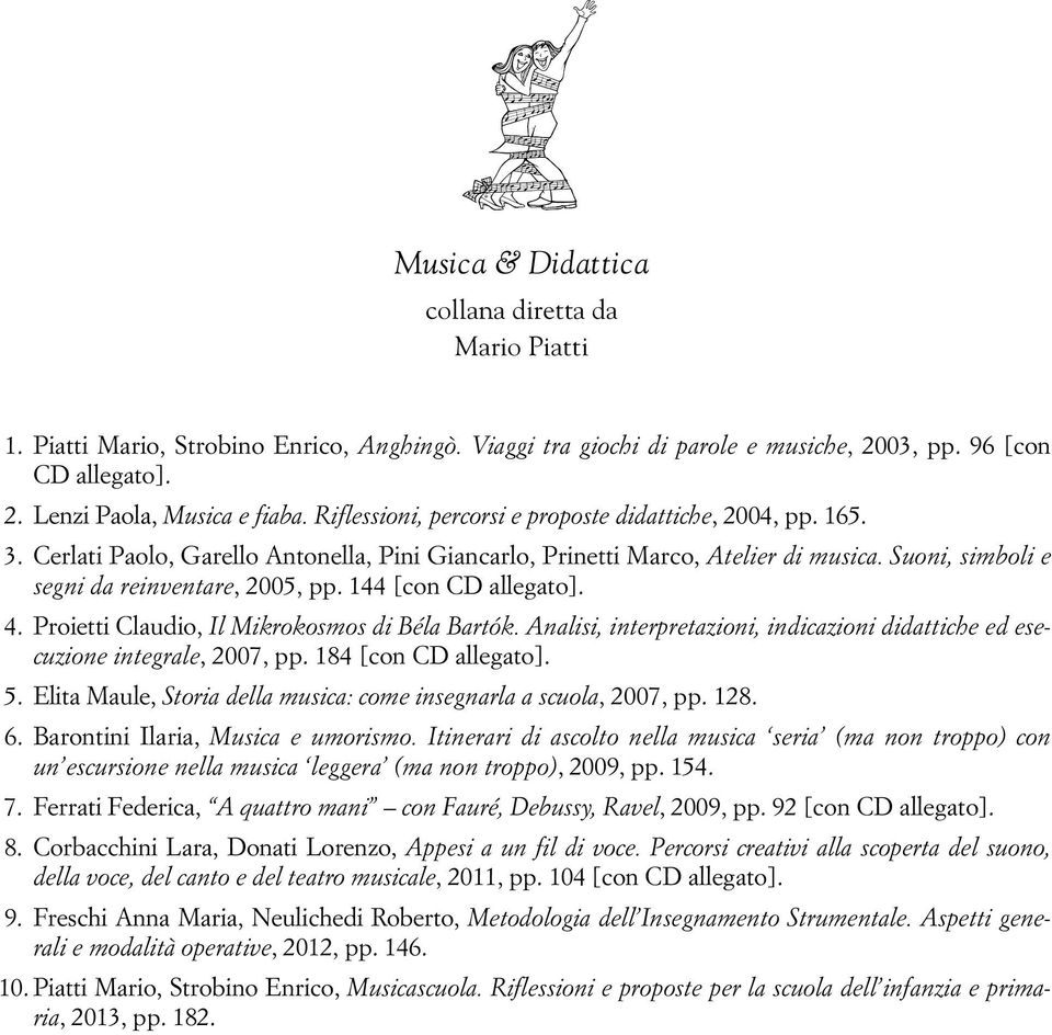 144 [con CD allegato]. 4. Proietti Claudio, Il Mikrokosmos di Béla Bartók. Analisi, interpretazioni, indicazioni didattiche ed esecuzione integrale, 2007, pp. 184 [con CD allegato]. 5.