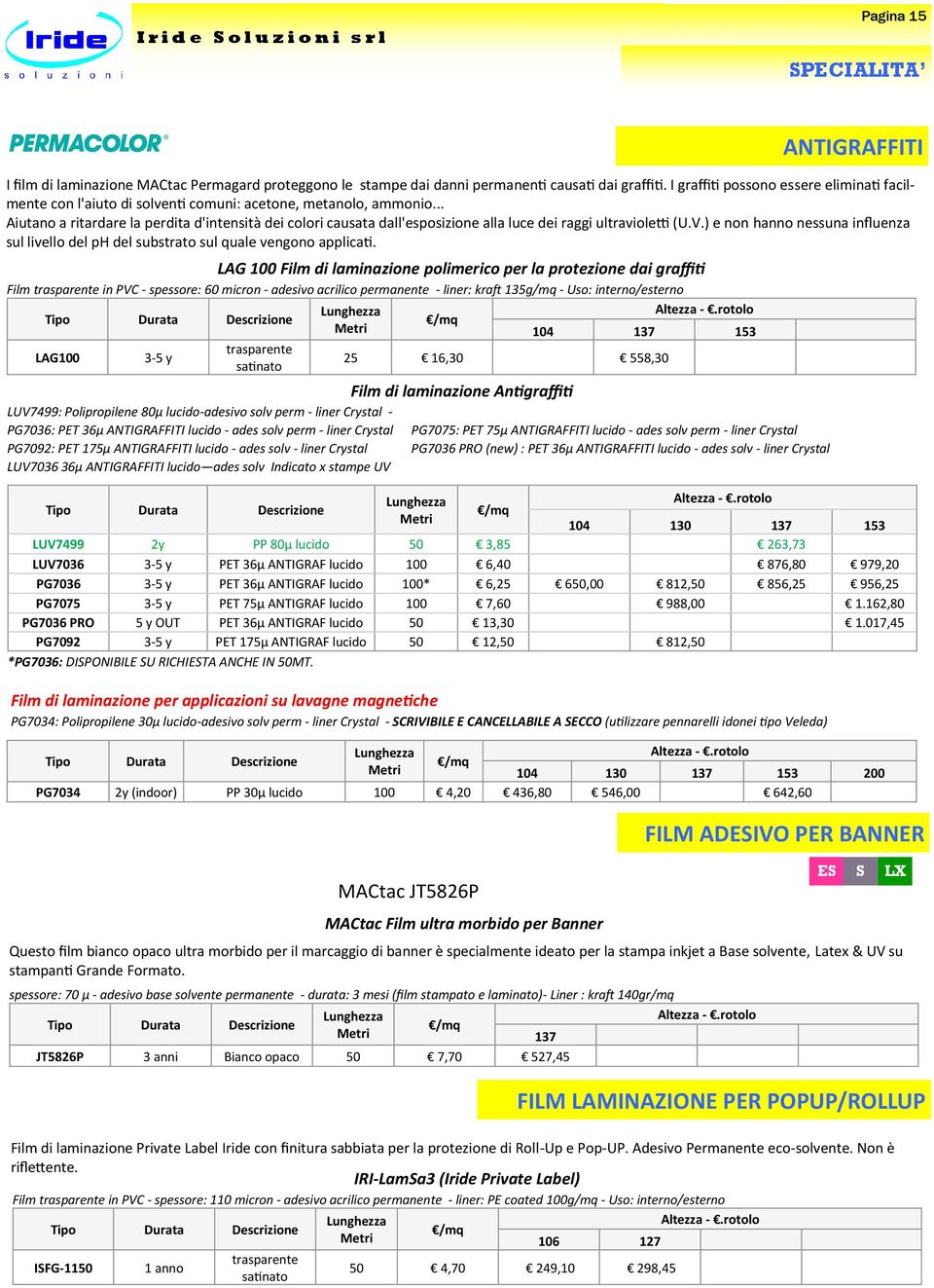 ANTIGRAFFITI lucido - ades solv - liner Crystal LUV7036 36µ ANTIGRAFFITI lucido ades solv Indicato x stampe UV Film di laminazione per applicazioni su lavagne magnetiche PG7034: Polipropilene 30µ