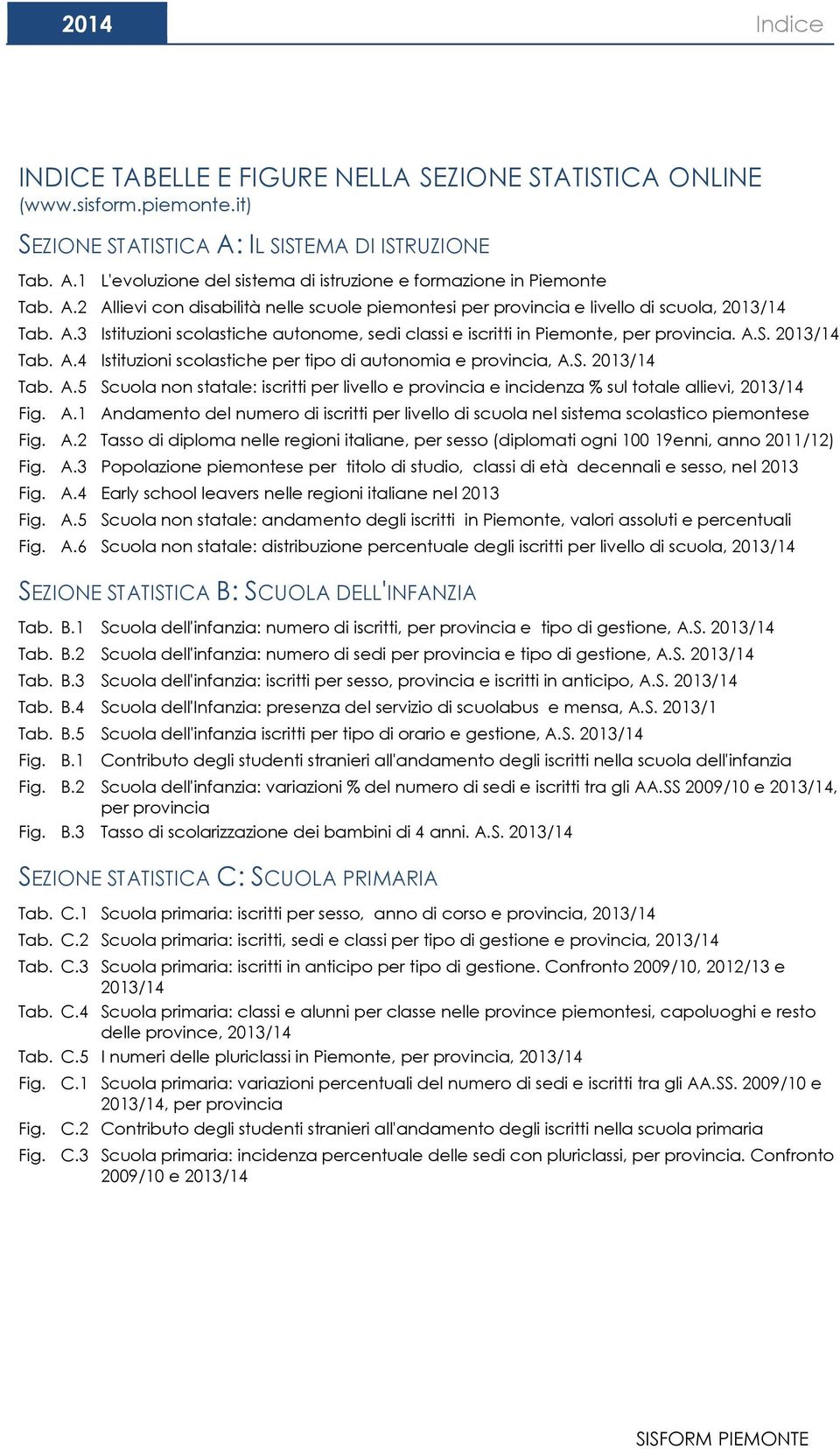 2013/14 Tab. A.4 Istituzioni scolastiche per tipo di autonomia e provincia, A.S. 2013/14 Tab. A.5 Scuola non statale: iscritti per livello e provincia e incidenza % sul totale allievi, 2013/14 Fig. A.1 Andamento del numero di iscritti per livello di scuola nel sistema scolastico piemontese Fig.