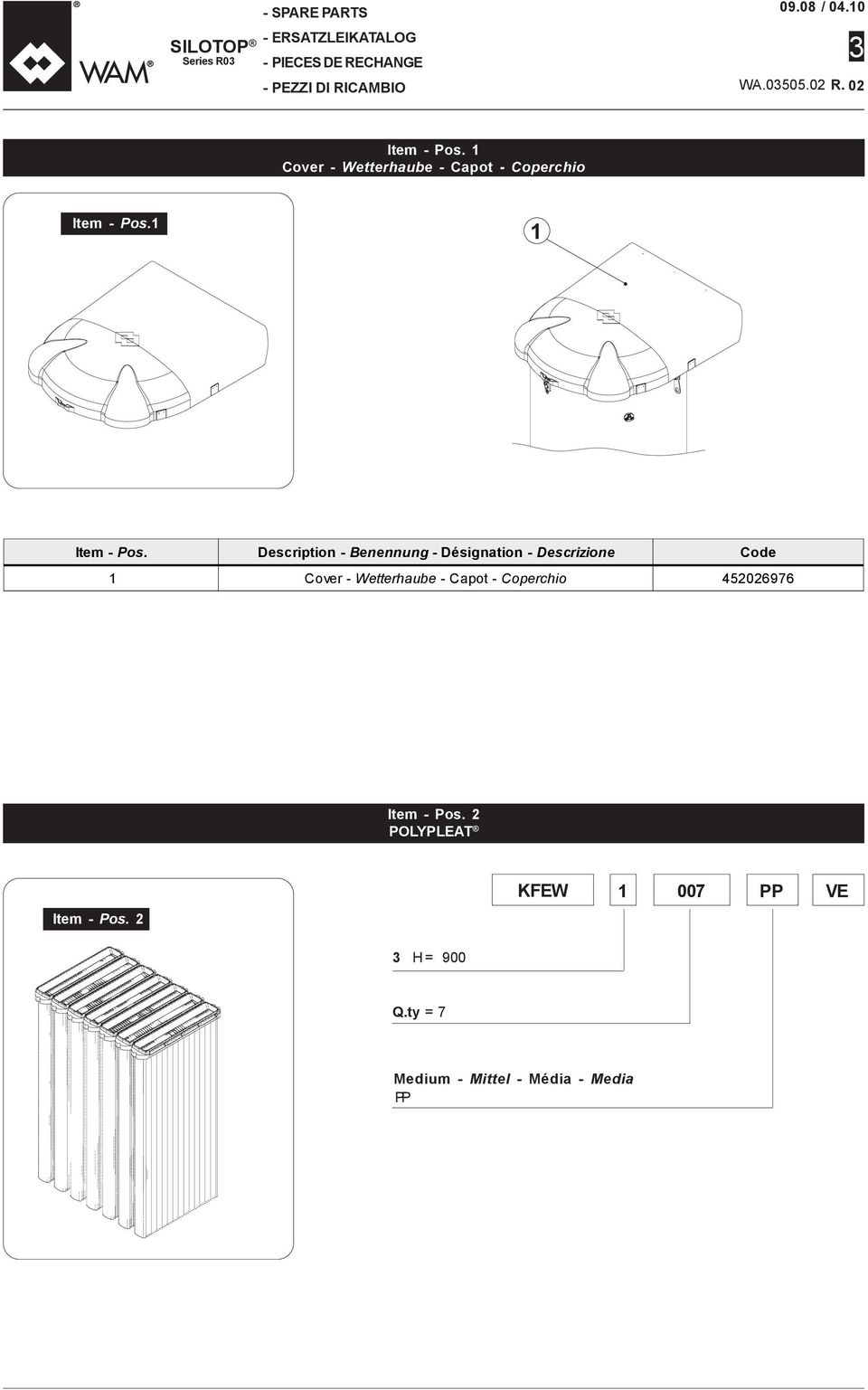 Description - Benennung - Désignation - Descrizione Code 1 Cover - Wetterhaube - Capot - Coperchio