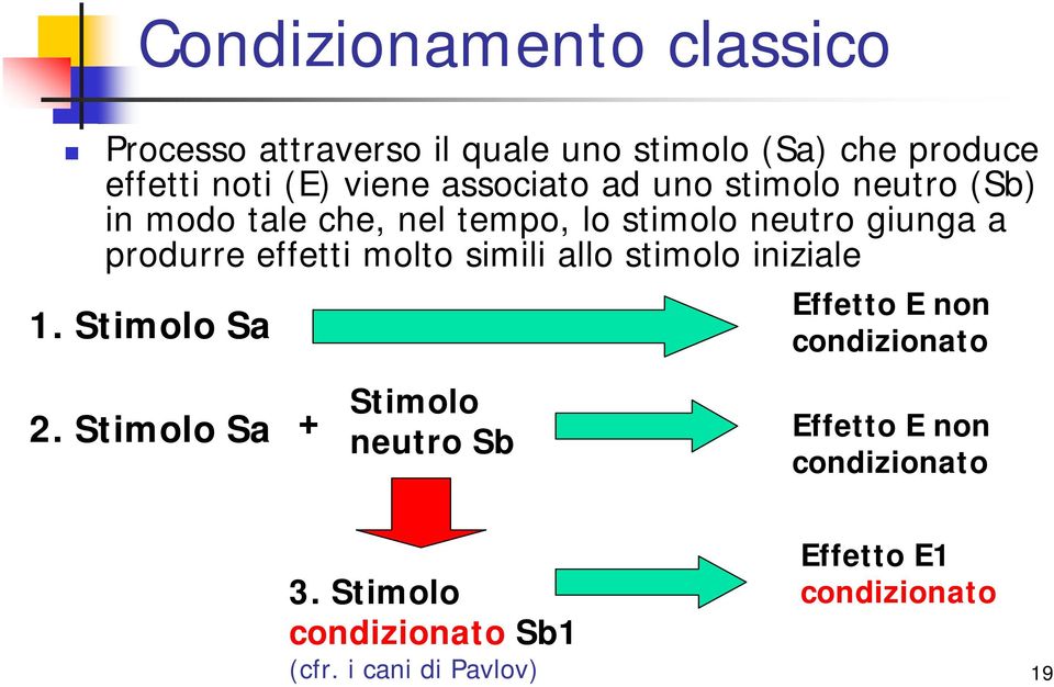 effetti molto simili allo stimolo iniziale 1. Stimolo Sa Effetto E non condizionato 2.