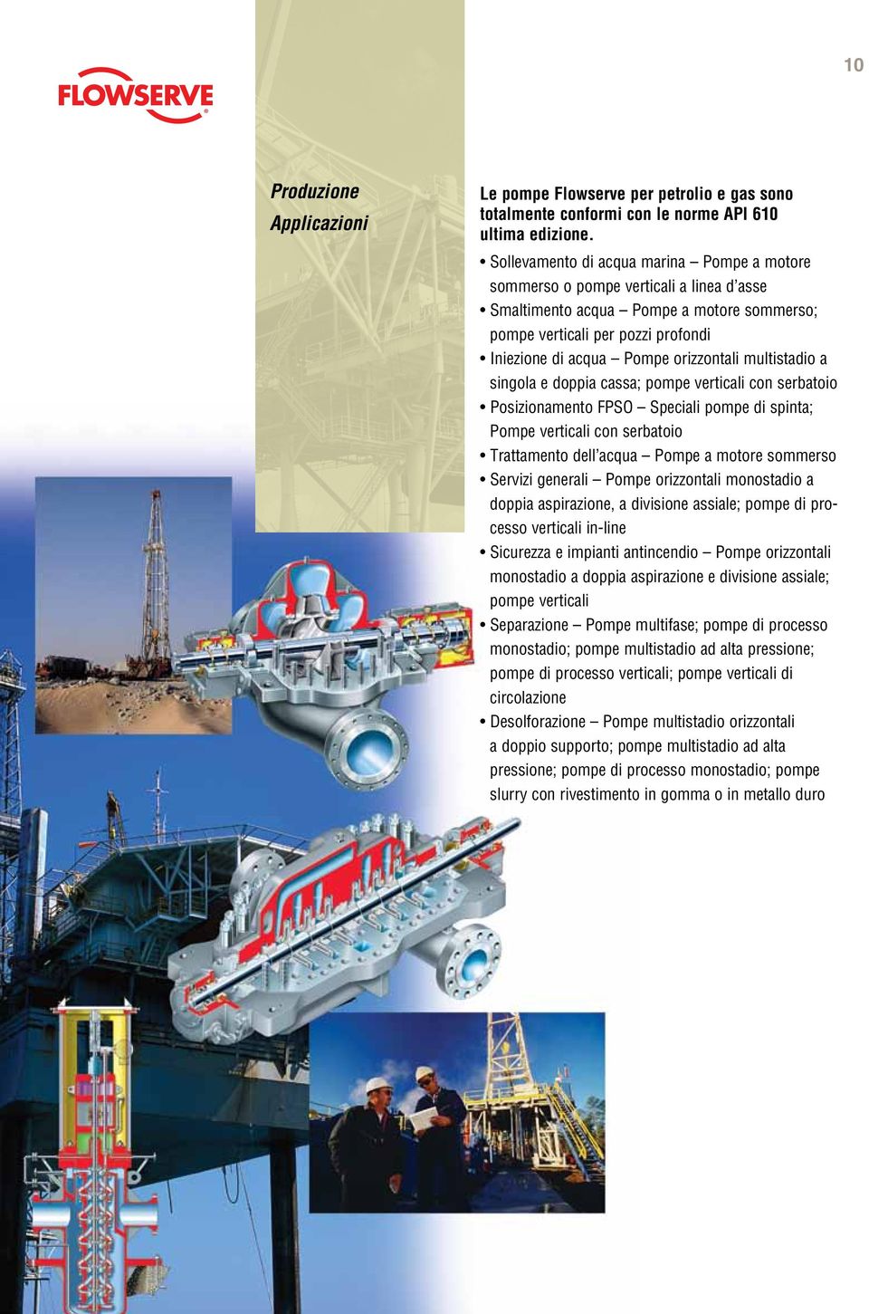 orizzontali multistadio a singola e doppia cassa; pompe verticali con serbatoio Posizionamento FPSO Speciali pompe di spinta; Pompe verticali con serbatoio Trattamento dell acqua Pompe a motore