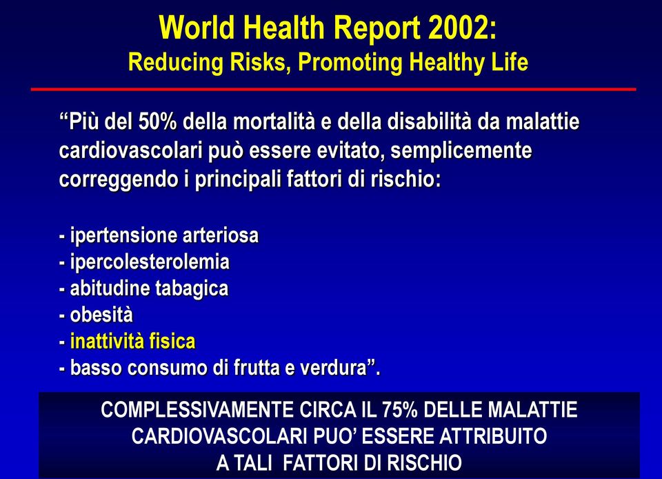 ipertensione arteriosa - ipercolesterolemia - abitudine tabagica - obesità - inattività fisica - basso consumo di