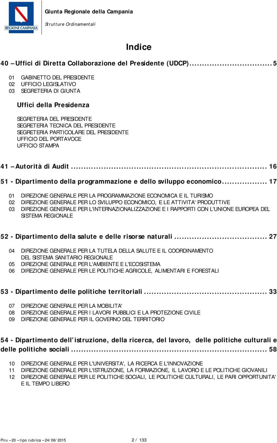 PRESIDENTE UFFICIO DEL PORTAVOCE UFFICIO STAMPA 41 Autorità di Audit... 16 51 - Dipartimento della programmazione e dello sviluppo economico.