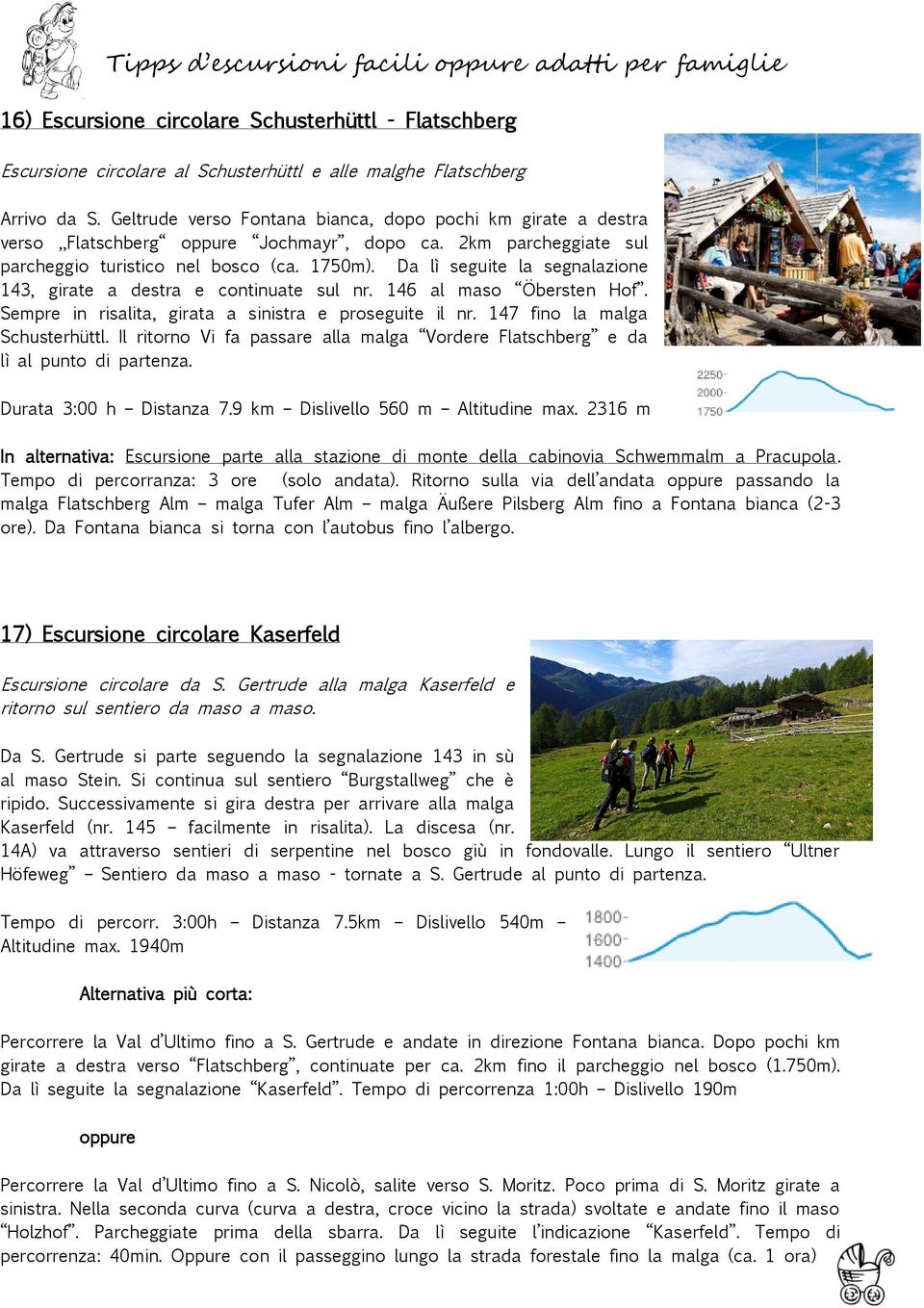 Da lì seguite la segnalazione 43, girate a destra e continuate sul nr. 4 al maso Öbersten Hof. Sempre in risalita, girata a sinistra e proseguite il nr. 147 fino la malga Schusterhüttl.