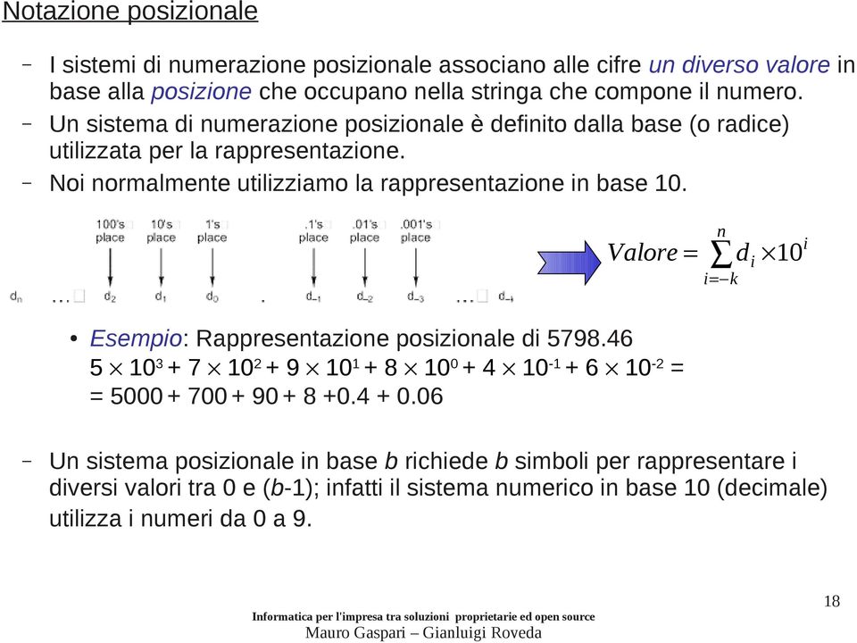 Valore = n d i 10i i = k Esempio: Rappresentazione posizionale di 5798.46 5 103 + 7 102 + 9 101 + 8 100 + 4 10-1 + 6 10-2 = = 5000 + 700 + 90 + 8 +0.4 + 0.