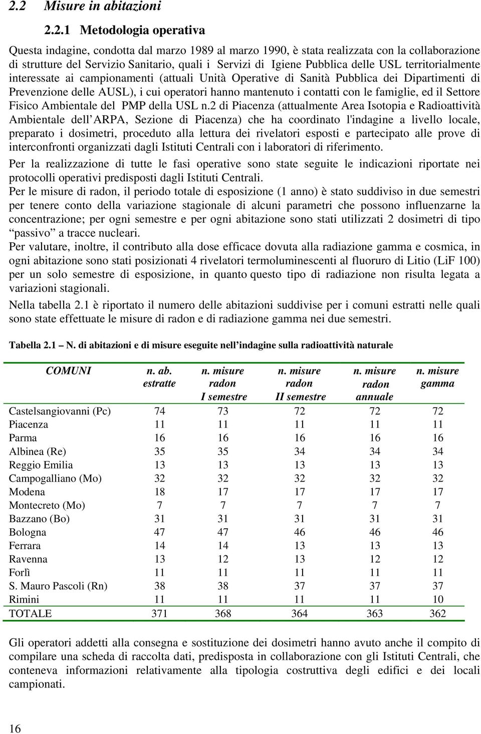 mantenuto i contatti con le famiglie, ed il Settore Fisico Ambientale del PMP della USL n.