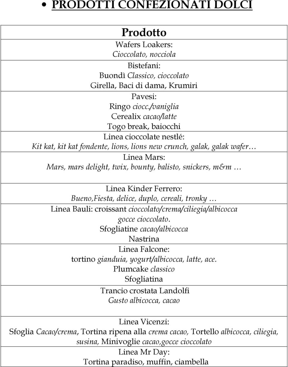 balisto, snickers, m&m Linea Kinder Ferrero: Bueno,Fiesta, delice, duplo, cereali, tronky Linea Bauli: croissant cioccolato/crema/ciliegia/albicocca gocce cioccolato.