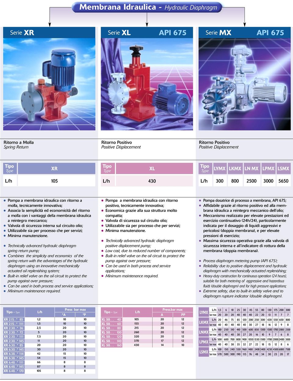 con i vantaggi della membrana idraulica a reintegro meccanico; Valvola di sicurezza interna sul circuito olio; Utilizzabile sia per processo che per servizi; Technically advanced hydraulic diaphragm