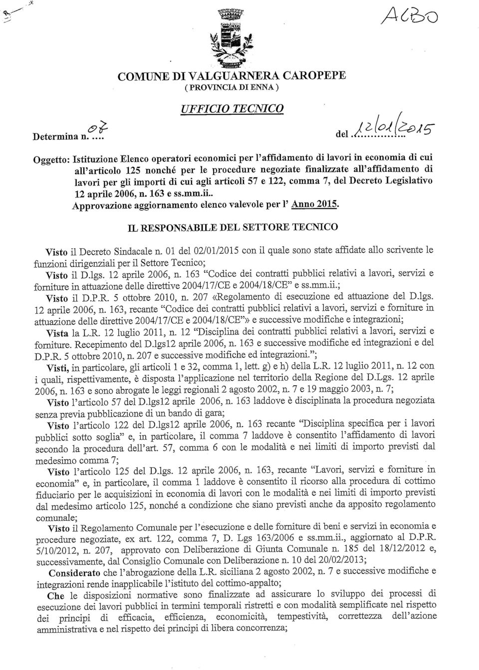 . Approvazione aggiornamento elenco valevole per 1' Anno 2015. IL RESPONSABILE DEL SETTORE TECNICO Visto il Decreto Sindacale n.