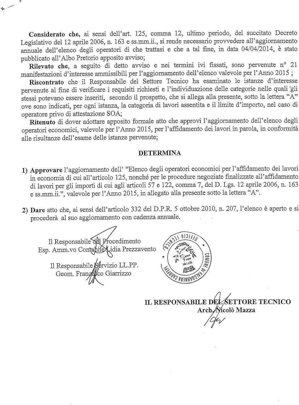 Rilevato che, a seguito di detto avviso e nei termini ivi fissati, sono pervenute n 21 manifestazioni d'interesse ammissibili per l'aggiornamento dell'elenco valevole per l'anno 2015 ; Riscontrato