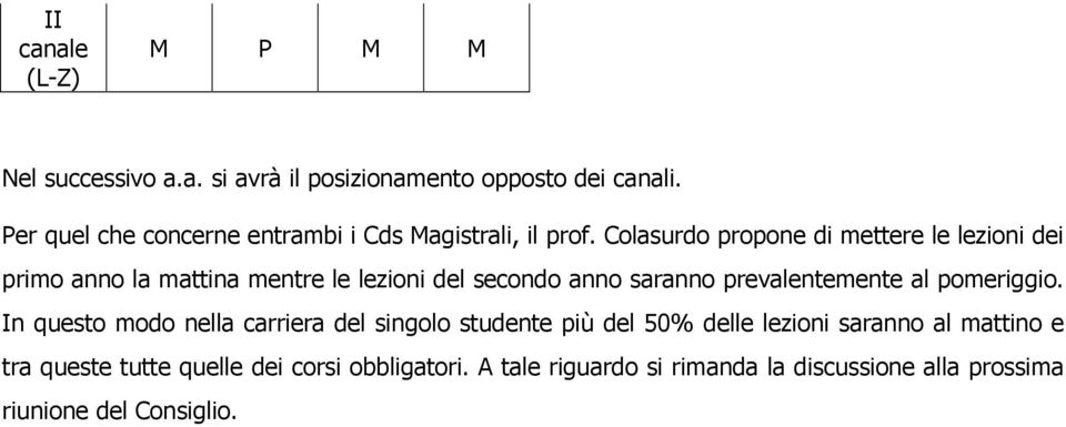 Colasurdo propone di mettere le lezioni dei primo anno la mattina mentre le lezioni del secondo anno saranno prevalentemente al