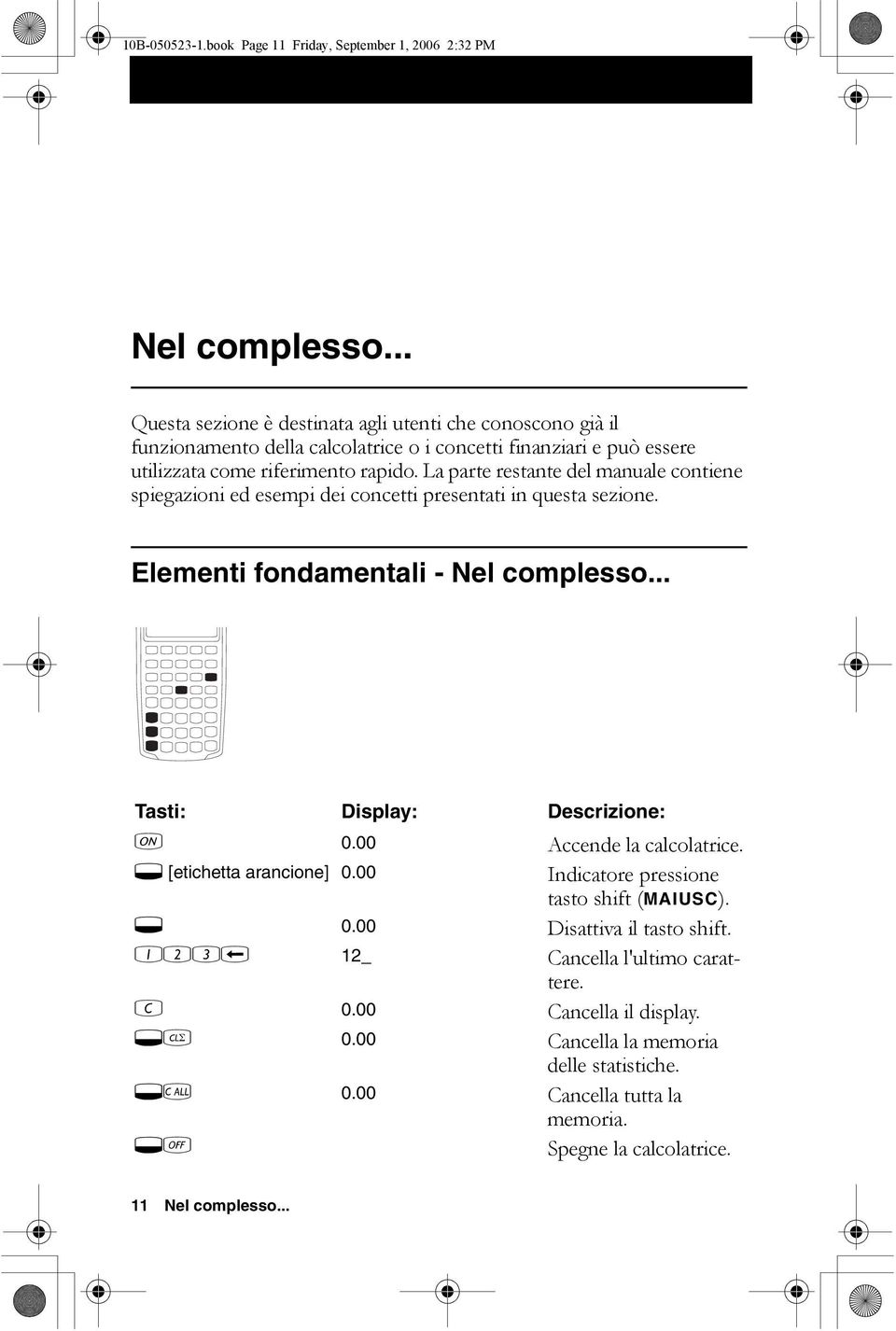 La parte restante del manuale contiene spiegazioni ed esempi dei concetti presentati in questa sezione. Elementi fondamentali - Nel complesso... c 0.00 Accende la calcolatrice.