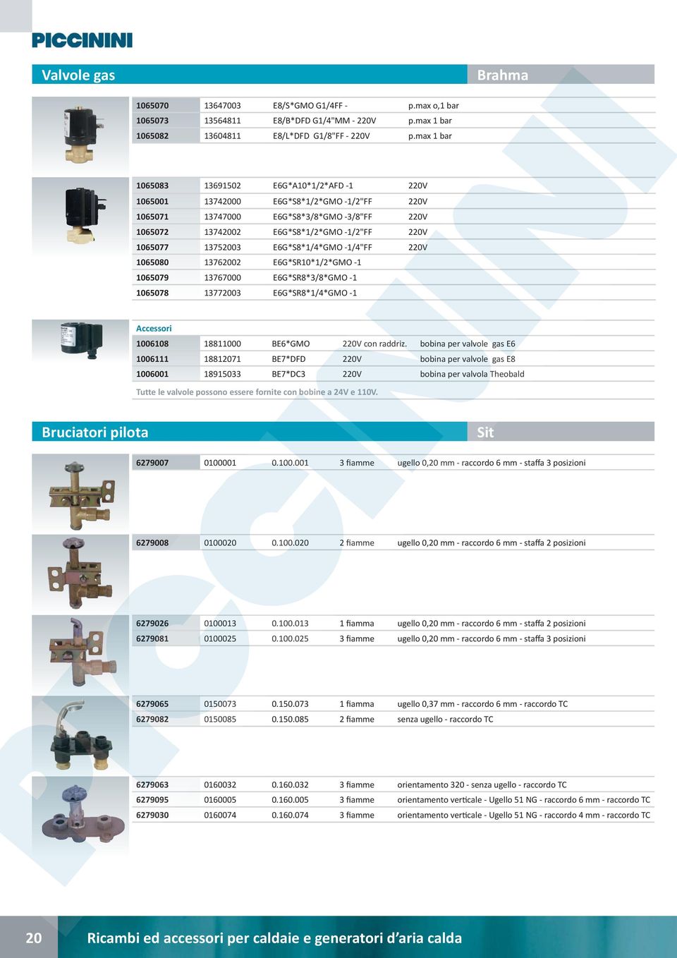 13752003 E6G*S8*1/4*GMO -1/4"FF 220V 1065080 13762002 E6G*SR10*1/2*GMO -1 1065079 13767000 E6G*SR8*3/8*GMO -1 1065078 13772003 E6G*SR8*1/4*GMO -1 Accessori 1006108 18811000 BE6*GMO 220V con raddriz.