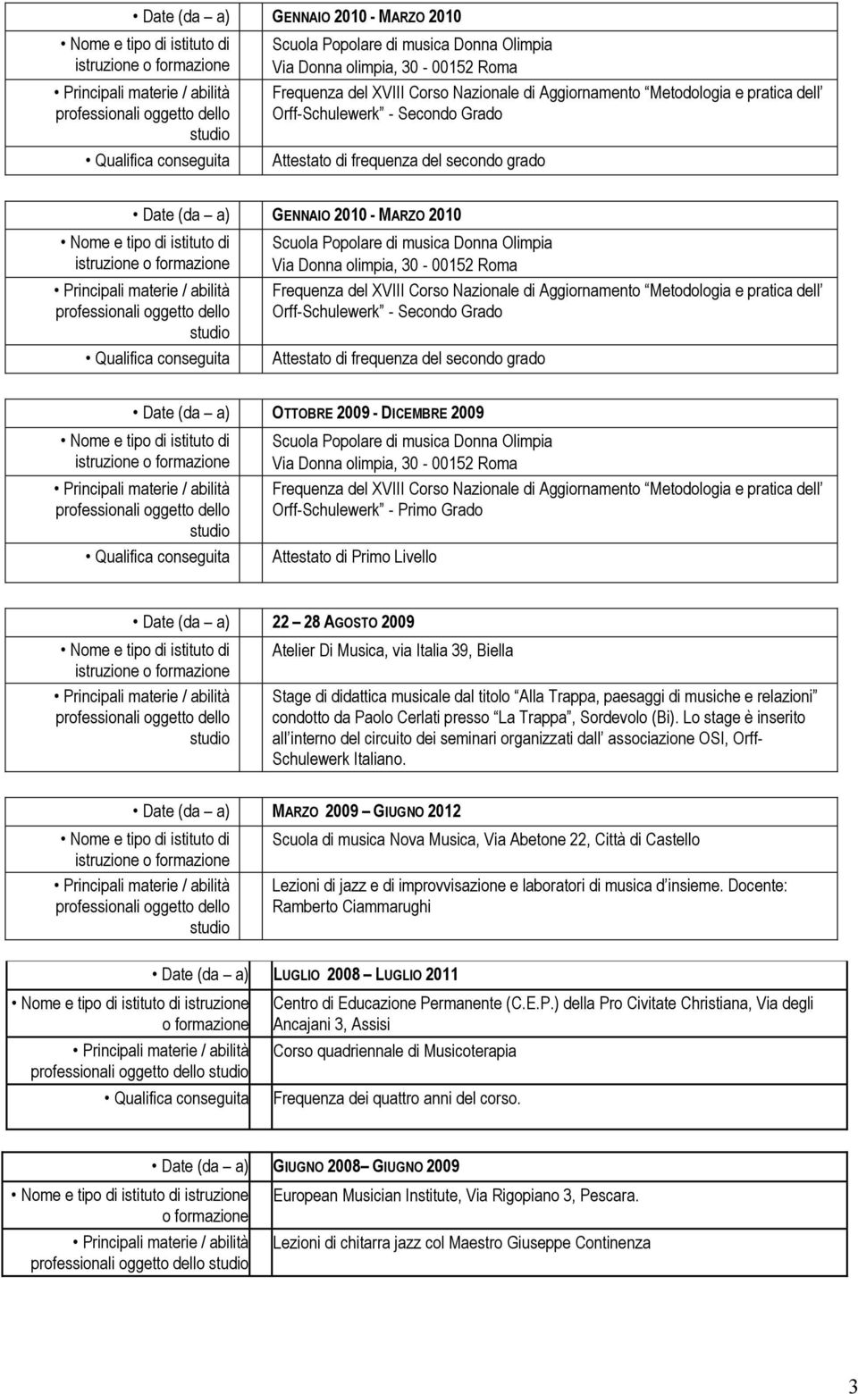 Popolare di musica Donna Olimpia Via Donna olimpia, 30-00152 Roma Frequenza del XVIII Corso Nazionale di Aggiornamento Metodologia e pratica dell Orff-Schulewerk - Primo Grado Attestato di Primo