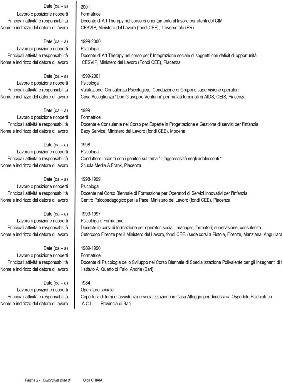 indirizzo del datore di lavoro CESVIP, Ministero del Lavoro (Fondi CEE), Piacenza Date (da a) 1999-2001 Principali attività e responsabilità Valutazione, Consulenza Psicologica, Conduzione di Gruppi