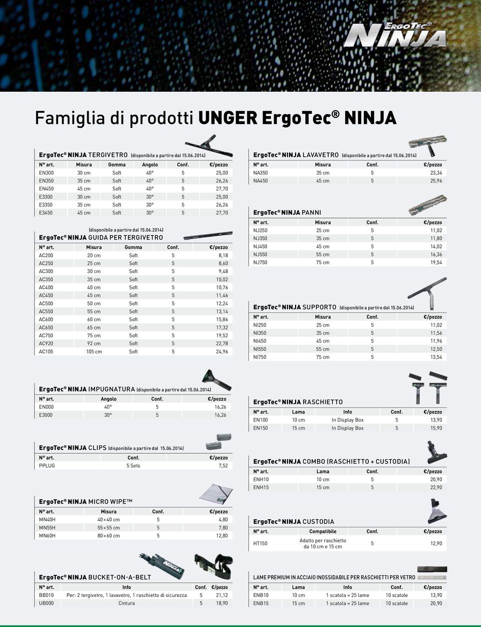 dal 15.06.2014) ErgoTec NINJA GUIDA PER TERGIVETRO N art. Misura Gomma Conf.