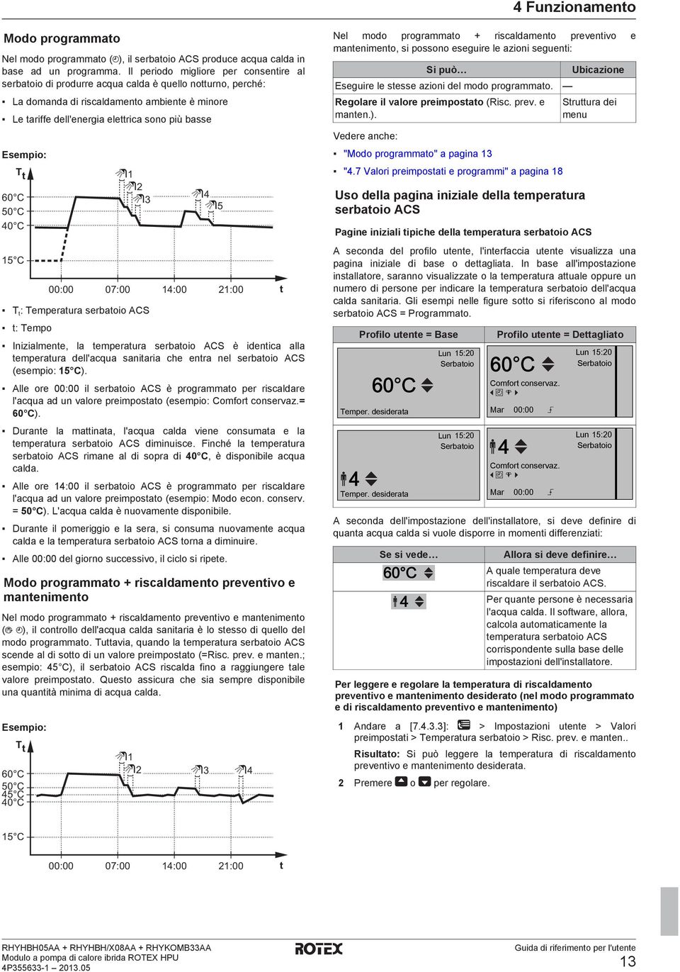 Esempio: T t 60 C 50 C 40 C 15 C 00:00 07:00 1 2 3 T t : Temperatura serbatoio ACS t: Tempo 4 5 14:00 21:00 Inizialmente, la temperatura serbatoio ACS è identica alla temperatura dell'acqua sanitaria