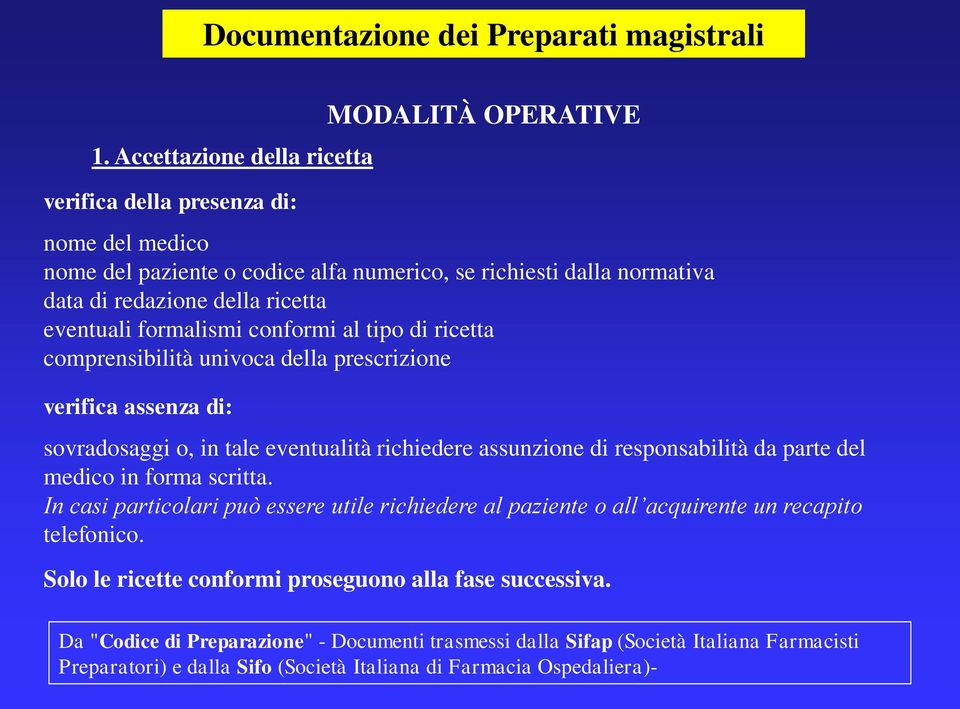 eventuali formalismi conformi al tipo di ricetta comprensibilità univoca della prescrizione verifica assenza di: sovradosaggi o, in tale eventualità richiedere assunzione di responsabilità da