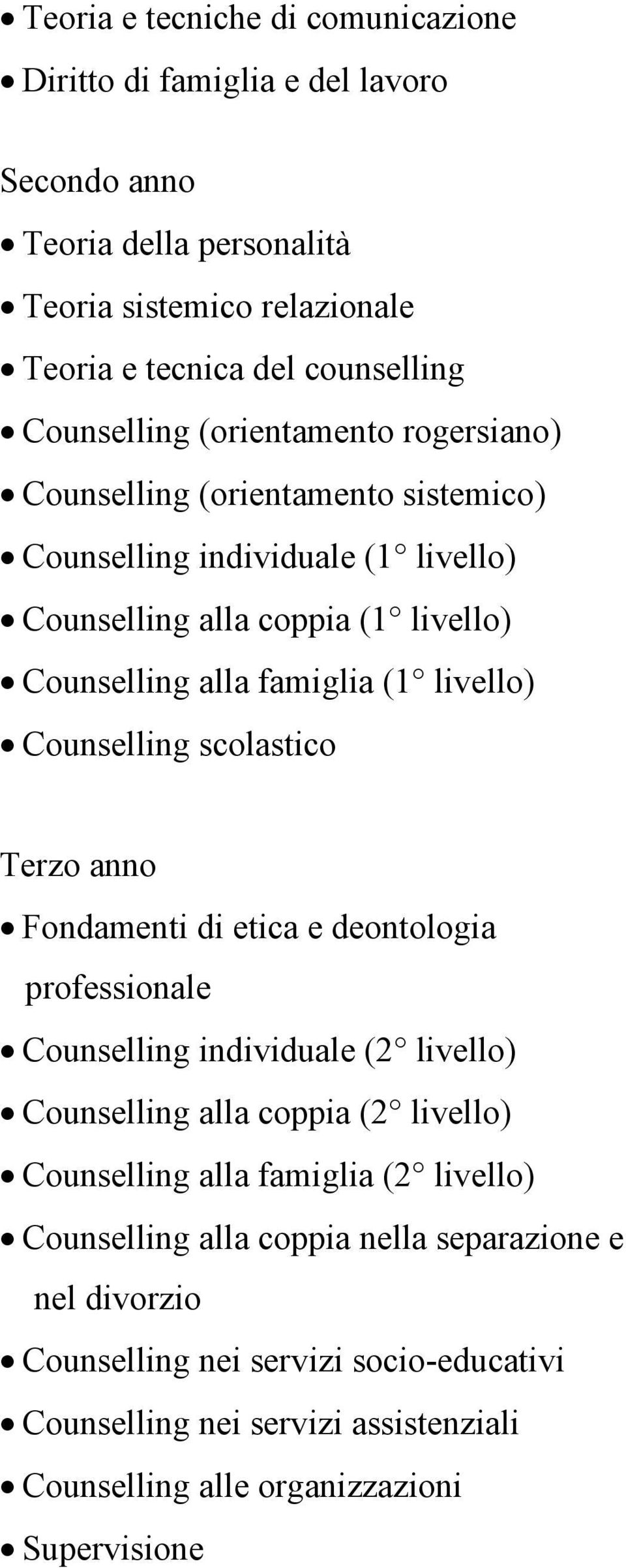 Counselling scolastico Terzo anno Fondamenti di etica e deontologia professionale Counselling individuale (2 livello) Counselling alla coppia (2 livello) Counselling alla famiglia