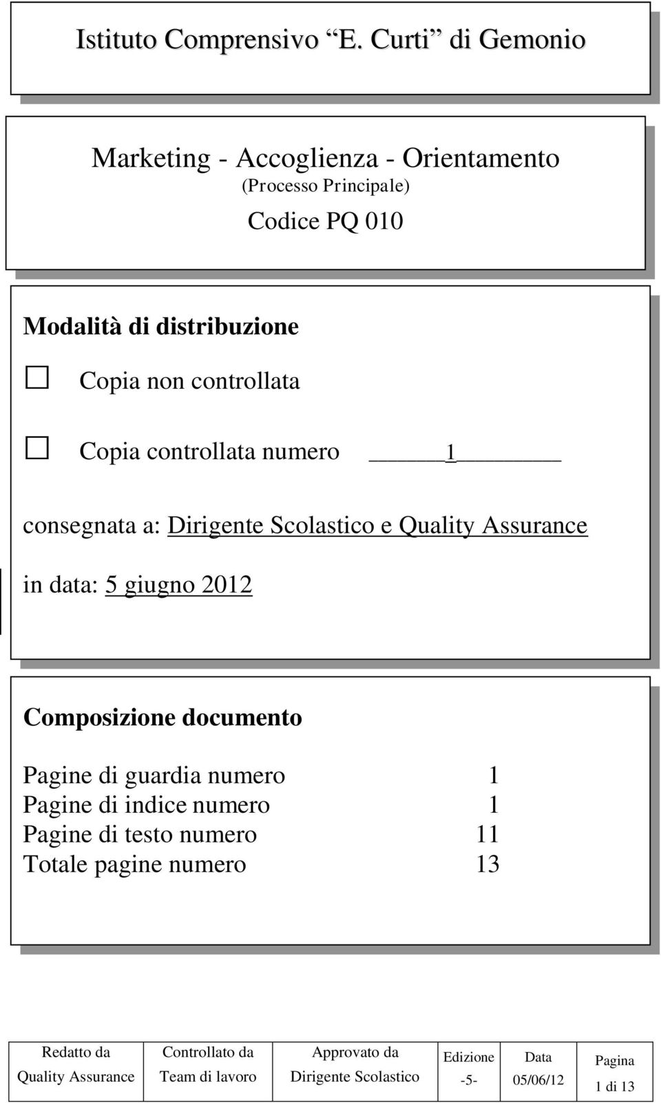 non controllata Copia controllata numero 1 consegnata a: Dirigente Scolastico e Quality Assurance in data: 5 giugno 2012