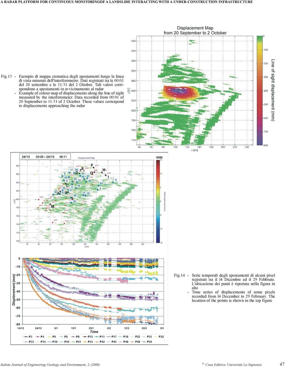 Tali valori corrispondono a spostamenti in avvicinamento al radar - Example of colour map of displacements along the line of sight measured by the interferometer.