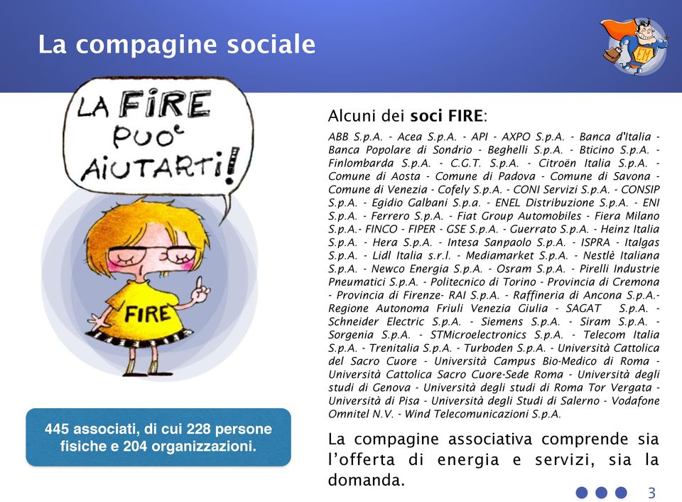 p.A. - Egidio Galbani S.p.a. - ENEL Distribuzione S.p.A. - ENI S.p.A. - Ferrero S.p.A. - Fiat Group Automobiles - Fiera Milano S.p.A.- FINCO - FIPER - GSE S.p.A. - Guerrato S.p.A. - Heinz Italia S.p.A. - Hera S.