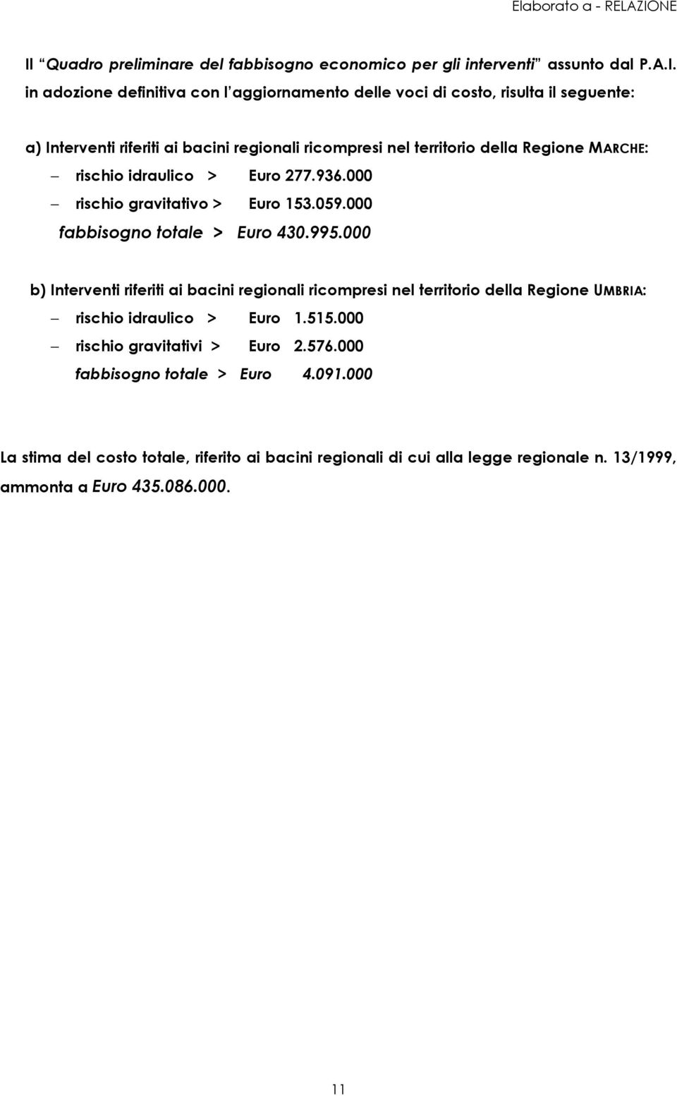 000 fabbisogno totale > Euro 430.995.000 b) Interventi riferiti ai bacini regionali ricompresi nel territorio della Regione UMBRIA: rischio idraulico > Euro 1.515.