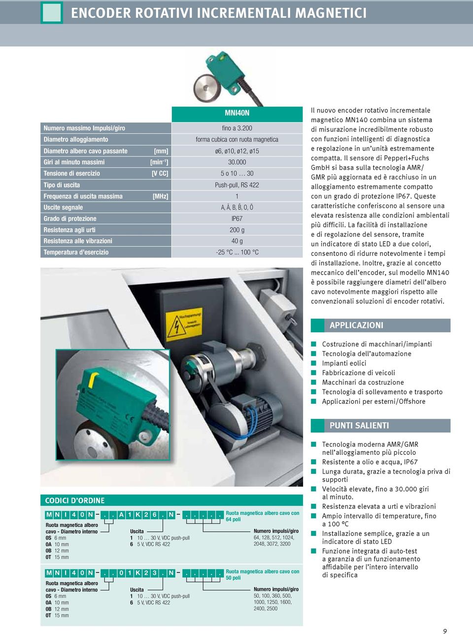 000 Tensione di esercizio [V CC] 5 o 0 30 Tipo di uscita Push-pull, RS 422 Frequenza di uscita massima [MHz] Uscite segnale A, Ā, B, B -, O, Ō Grado di protezione IP67 Resistenza agli urti 200 g