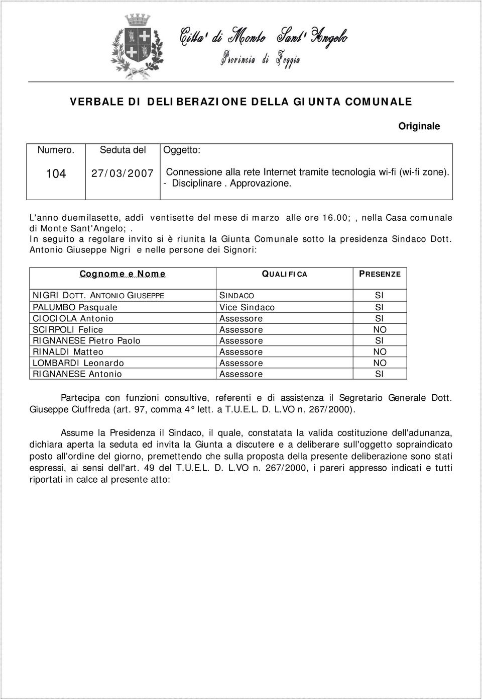 In seguito a regolare invito si è riunita la Giunta Comunale sotto la presidenza Sindaco Dott. Antonio Giuseppe Nigri e nelle persone dei Signori: Cognome e Nome QUALIFICA PRESENZE NIGRI DOTT.